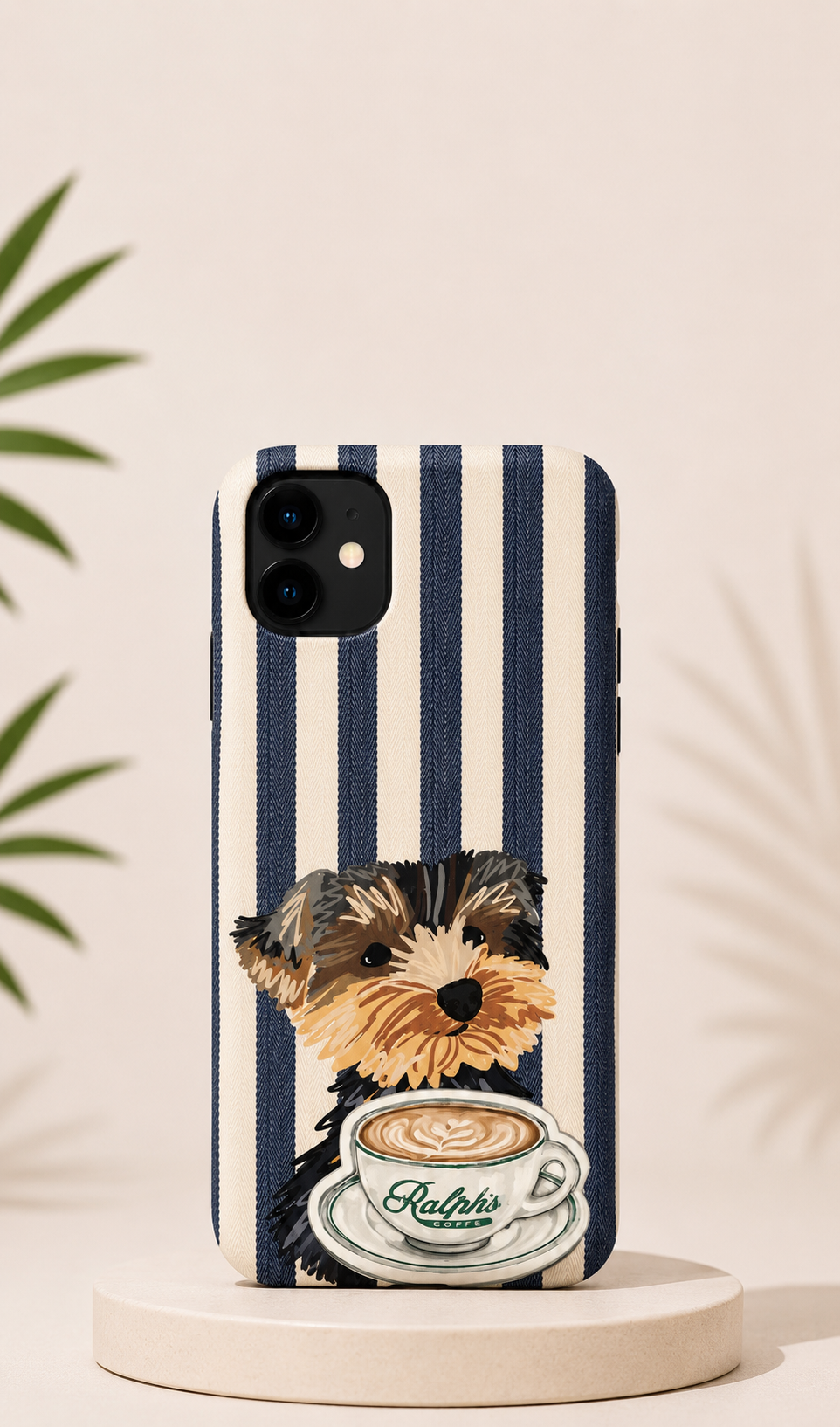 Funda Kasea de rayas azul marino con perro y taza